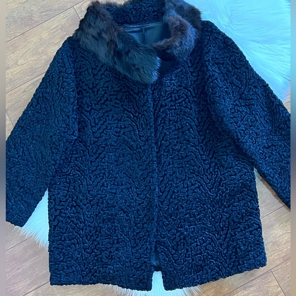 Vintage Black Curly Lamb Coat With Mink Fur Collar - Picture 6 of 15